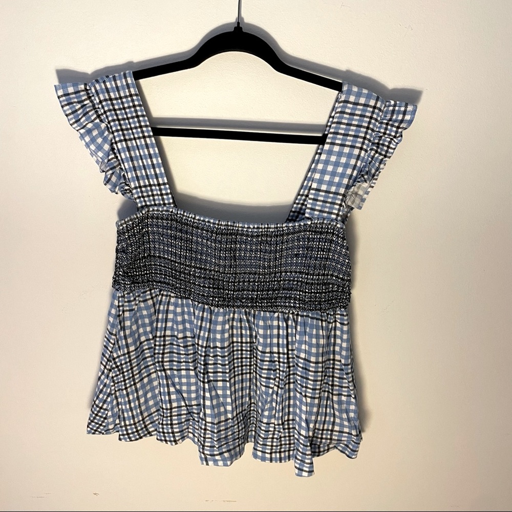 Urban outfitters blue plaid ruffle sleeve top